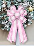 Large Valentine’s Day Bows for Wreaths, Valentines Wreath Bows, Glitter Pink White Stripe Bows for Front Door, Valentines Decor Tree Topper Bows for Indoor Outdoor Holiday Decorations