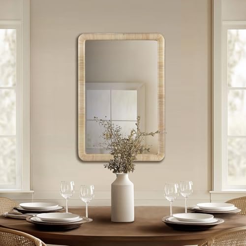 INK+IVY Wall Mirror for Bedroom, Large Hanging Coastal Decor Mirror for Living Room, Wooden Rattan Frame with Rounded Corners Entryway Mirror, Ready to Hang Bedroom Wall Decor, Nova, 39" H Natural - Image 3
