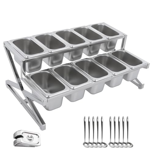 2 Tier Pizza Topping Station, Expandable Stainless Steel Seasoning Organizer, 10 Freestanding Pans with Lids and Ladles, 36-56cm Retractable, for Kitchen Restaurant Buffet Bar