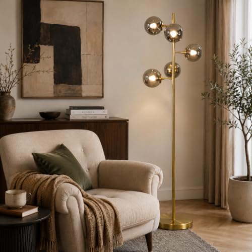 Image of BOKT Gold 5-Light 67'' Tall Floor Lamp Smoked Glass Globes Standing Lamp