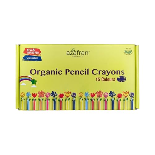 Image of Azafran Organics - 15 Non-Toxic Plant-Based Pencil Crayons (15 COLOURS) - New Pack, For Pre School Kids, Hypoallergenic, No Mineral Oils Or Harmful Chemicals, Multi-coloured