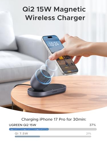 Image of UGREEN Qi2 15W 2-in-1 Wireless Charger, MagSafe Compatible Fast Charging Station for iPhone 17 /16 /15 /14 /13 /12 and AirPods, Compact Magnetic Charging Stand