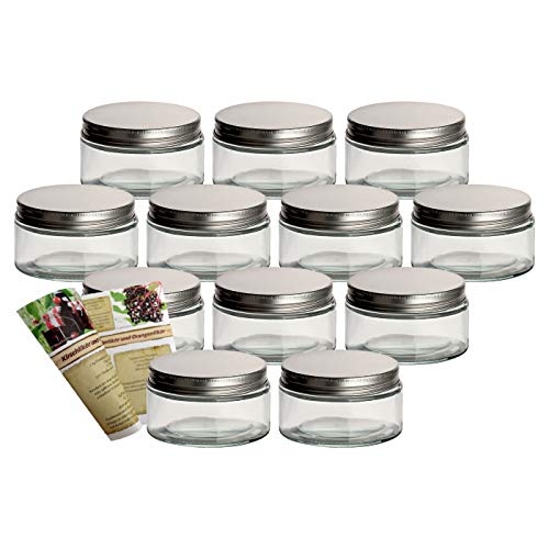 gouveo 12er Set Schraubglas 200 ml mit Deckel silberfarben - Großer Cremetiegel aus Glas mit Schraubdeckel - Leere Cremedose zum Nachfüllen - Aufbewahrungsglas für Creme, Kosmetik, Lotion Cover
