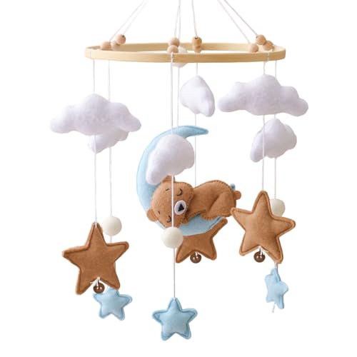 Berço móvel para bebé, carrilhão vento móvel para bebé com urso lua estrelas nuvens sinos, sino cama de feltro, madeira brinquedo para berço, presentes para recém-nascidos bebés meninas meninos (azul)