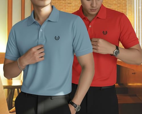 Image of MACK JONNEY Men's Solid Polo T-Shirt | Premium Cotton Blend | Regular Fit | Short Sleeve | Collared Casual Wear|Pack of 2 -MJ-157