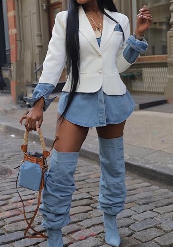 Women's Denim Blazer Jacket Casual Patchwork Long Sleeve Top Open Front Jean Jackets2