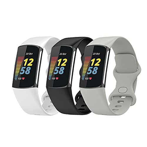 Soft TPU Silicone Bands for Fitbit Charge 5 Advanced Fitness & Health Tracker Accessories Small/Large Sports Watchbands (L(7.1″-9.1″), (White Gray Black))