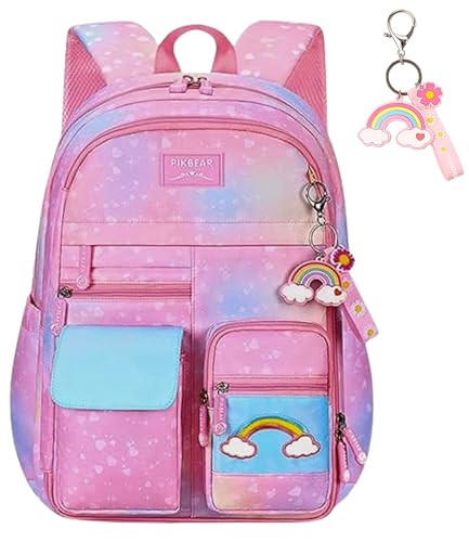 Mochila Escolar Infantil Kawaii Meninas Ensino Fundamental com Compartimentos Femininas Casuais Arco-íris Daypack (ROSA)