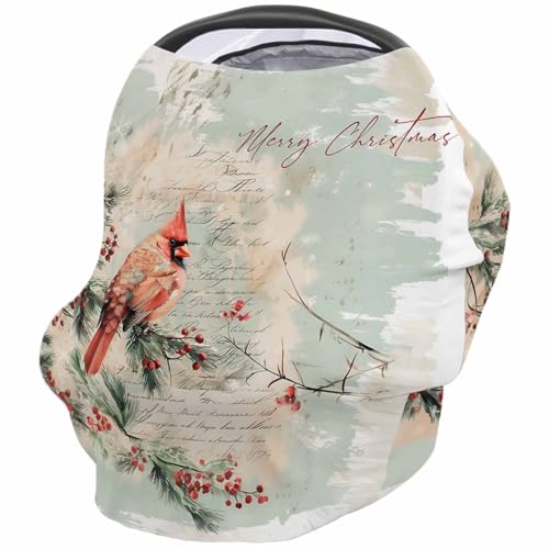 Nursing Cover for Breastfeeding Scarf, Xmas Vintage Letter Pine Needle Berries Cardinal Bird Baby Car Covers Super Soft Multi Use for Canopy Shopping Cart Cover Blanket Stroller Cover