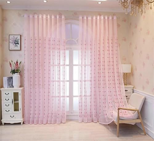 Lirzxin Cortinas transparentes para salón de interiores, cortina fina Sheer 2 paneles, 102 x 138 cm (ancho x alto), diseño de rayas de hojas bordadas, cortinas para dormitorio y salón con ojales, rosa