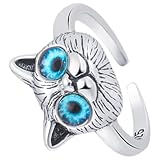 GAROZATION Anillo Ajustable de Gato Ojos Azules en Color Vintage Anillo Abierto de Metal para Mujer de Dedo para Adolescentes y Niñas Joyería de Moda para Obsequio