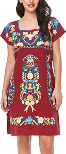 Image of YZXDORWJ Women Mexican Embroidered Dress Ruffle Collar Sleeveless