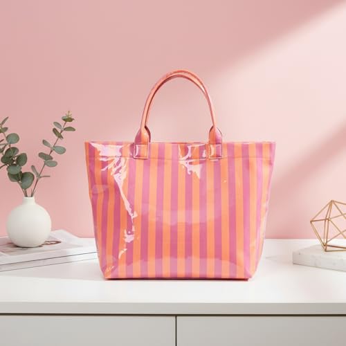 Image of Striped PVC Tote Bag for Women, Waterproof Plastic Hobo Handbag Summer Tote for Beach, Pool & Ideal Gift