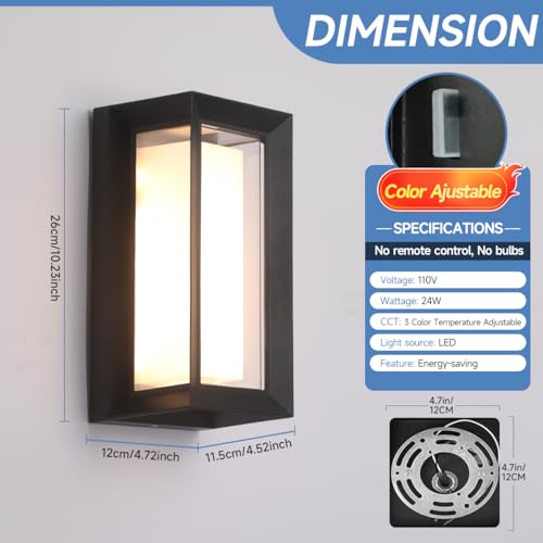 Image of Outdoor Lights for House 24W Exterior Lighting Fixtures 3-Color Adjustable 2200LM IP65 Waterproof Aluminum Exterior Wall Light Compatible with Dimmers for Patio, Yard, Back Yard 2 Pack