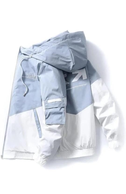 flyxo Men's Color Block Hooded Jacket Lightweight Polyester Windcheater Streetwear Zipper Jacket for Winte (Ice Blue-S)-picture-11