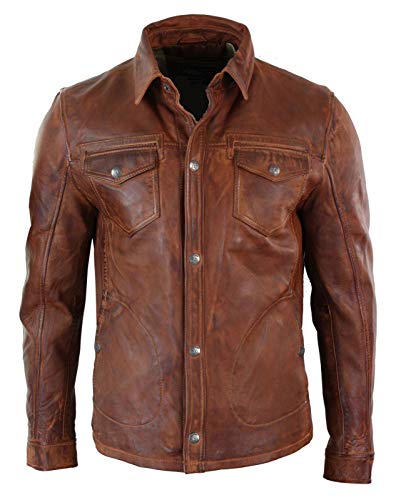 Men's Genuine Lambskin Real Leather Shirt Stylish Biker Shirt Jacket Brown2