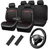 CAR PASS Leather Car Seat Cover Full Set with Steering Wheel Cover and 2PCS Seat Belt Shoulder Pads,for Trucks and SUV with Built-in Seatbelts and Front Seat Side Armrests(Combo Set, Black and Red)