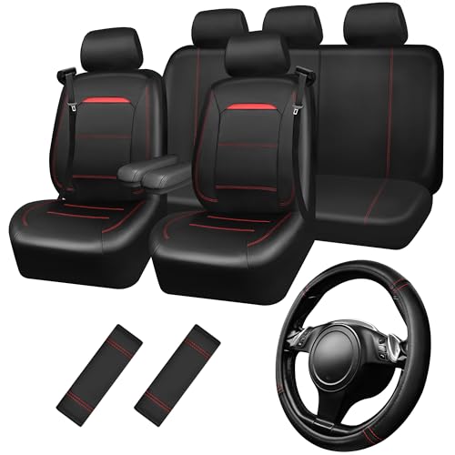 Image of CAR PASS Leather Car Seat Cover Full Set with Steering Wheel Cover and 2PCS Seat Belt Shoulder Pads,for Trucks and SUV with Built-in Seatbelts and Front Seat Side Armrests(Combo Set, Black and Red)