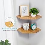 Corner Wall Shelves, Corner Floating Shelves Set of 2 Solid Oak Wood Display Shelf with Wire Hole Small Plant for Kitchen Living Room Natural - Image 4