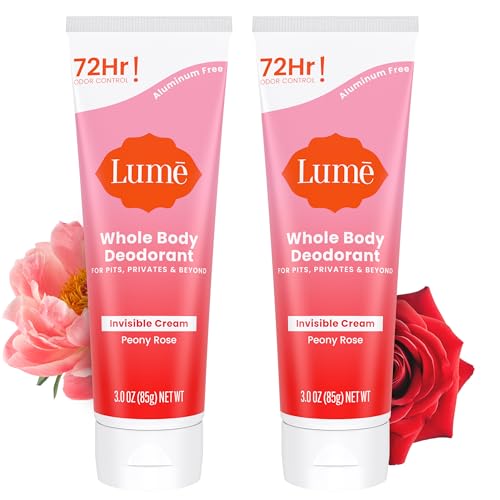 Lume Whole Body Deodorant - Invisible Cream Tube - 72 Hour Odor Control - Aluminum Free, Baking Soda Free, Skin Safe - 3.0 ounce (Pack of 2) (Peony Rose)