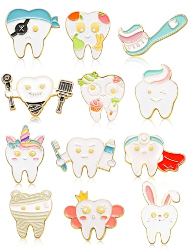 Foilswirl 12 Pcs Dental Gifts Cute Tooth Pins Dentist Enamel Pins Cartoon Funny Lapel Brooch Tooth Charm for Scrubs Doctor Assistant Nurse Backpacks Cloths Hats Medical Jewelry