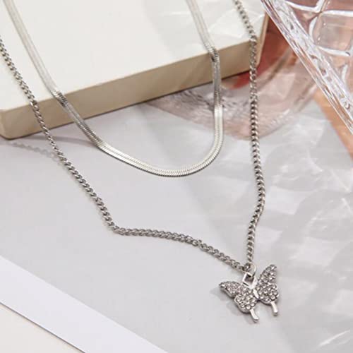 Snake Bone Chain Necklace Multilayer Butterfly Pendant Necklace Diamond Butterfly Snake Chain Double Layer Necklace #TOP3