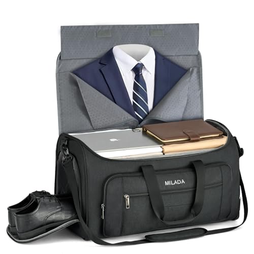 MILADA Convertible 2-in-1 Garment Duffel Weekender Bag Carry On Garment Bags for Travel Hanging Clothes Suit Bag Foldable Personal Item Business Overnight Bag with Shoe Compartment, Black