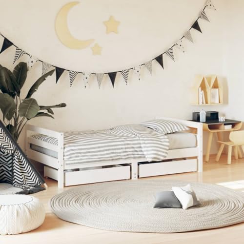 Tidyard Elegant Wooden Kids Bed Frame with Storage - Pine Wood, White, Low Height Design Model834445