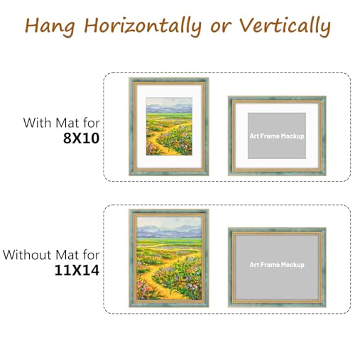 Image of Golden State Art,11x14 Ornate Picture Frame Holds 8x10 Photo,Blue Gold | Includes real glass front,white mat,build-in hangers and buttons.Displays 8x10 photo on wall