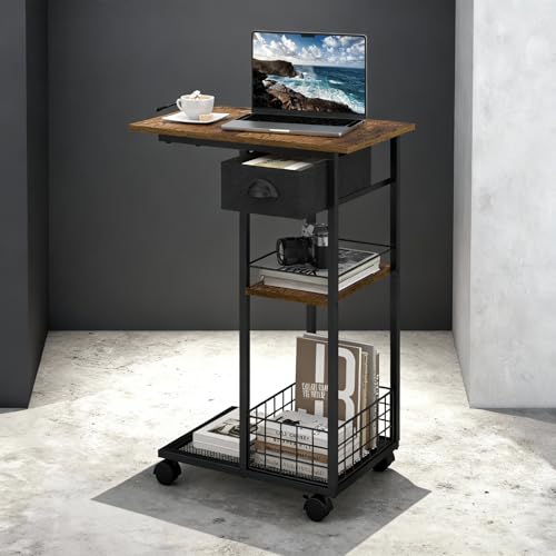Hayexiha 3-Tier Side Table with Wheels and 360&deg; Rotation, C Table with Drawer, End Table for Couch...
