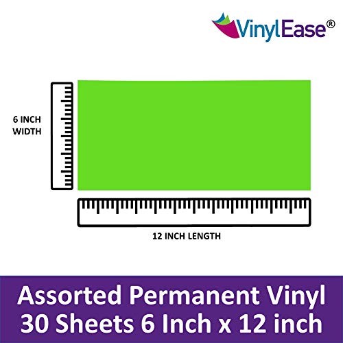 Vinyl Ease 30 Sheets 6" x 12" Assorted Colors Gloss Permanent Adhesive Vinyl for Cricut, Silhouette, Pazzles, Craft ROBO, QuicKutz, Craft Cutters, Die Cutters, Sign Plotters - V0001