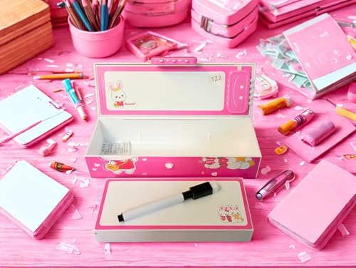 Image of WORSHIPER New Cartoon Theme Pencil Box with Push Pull Eraser Set for Kids | Suitcase Style Password Lock Stationery Organizer | School Supplies Gift Combo for Boys & Girls (Sweet Pink + Eraser)