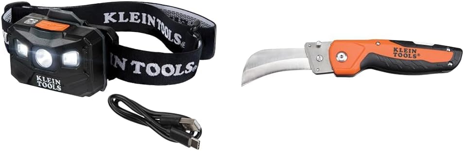 Klein Tools 56048 Rechargeable Auto-Off LED Headlamp, Adjustable Fabric Strap, 400 LMS & 44218 Utility Knife, Lockback Electricians Knife and Folding Knife