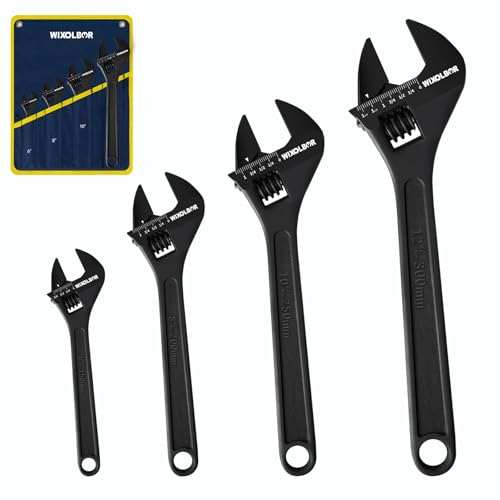 WIXOLBOR 4-Piece Adjustable Wrench Set : 6, 8, 10, 12 Inch, CR-V Steel, Wide Jaw Wrenches with Laser-Etched Metric & SAE Scales, Black Oxide Finish for Household Repairs, with Organizer bag