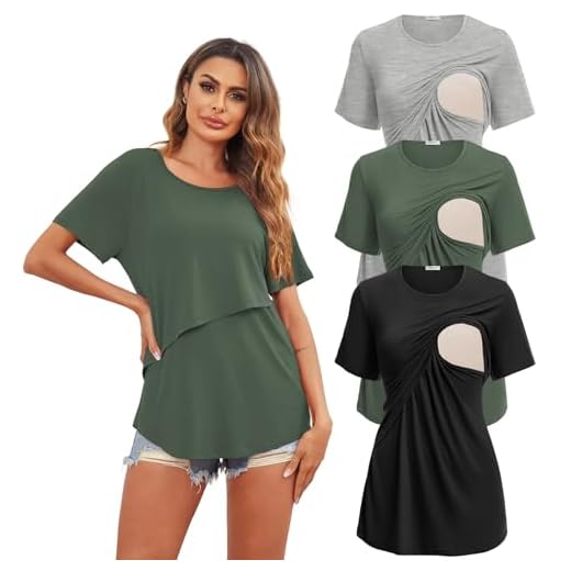 Ekouaer Lot de 3 T-Shirt d'allaitement Femme Tops Blouse Allaitement Hauts d'allaitement à Manches Courtes col Rond, Vert Militaire + Gris Clair + Noir, M