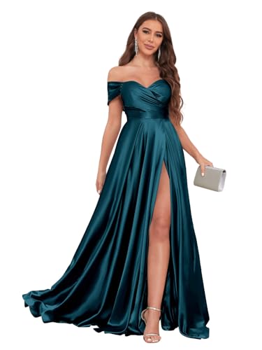 Image of JKMMYO Satin Bridesmaid Dresses for Women Off The Shoulder Pleated Long Formal Evening Dress