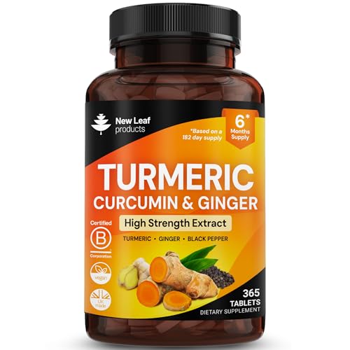 Turmeric Tablets - High Strength Extract with Black Pepper & Ginger (365 Tablets) Active 95% Turmeric Curcumin Supplements Vegan GMP GMO Free Gluten Free UK Made by New Leaf