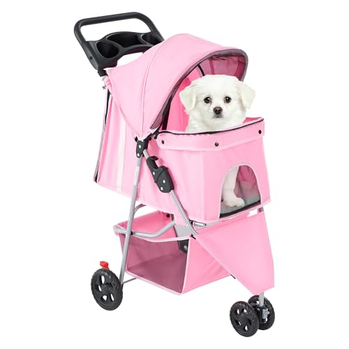 DUMOS 3 Wheels Pet Stroller for Small Dogs and Cats Foldable Dog Stroller with Mesh Windows Storage Basket & Cup Holder Lightweight & Durable Pet Carrier for Travel Outdoor Use Pink