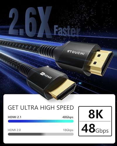 Image of Stouchi 10K 8K HDMI Cable 10ft 48Gbps, Ultra HD 8K60 4K120 144Hz Braided Long HDMI Cord eARC HDR10 HDCP 2.2&2.3 Compatible with Roku TV /PS5 /HDTV /Blu-ray, Black
