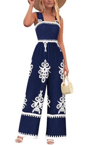 PRETTYGARDEN Womens Jumpsuit Casual One Piece Boho Summer Outfits Shirred Strap Wide Leg Long Pants Rompers With Pockets (Navy White Flower, Small)