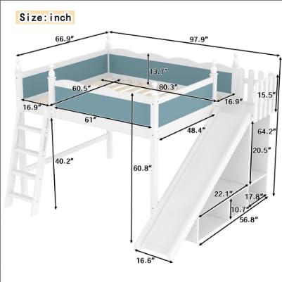 Image of Queen Size Loft Bed with Storage Shelves, Cabinet & Detachable Slide and Ladders, Solid Wood Kids Loft Bed for Space-Saving, Playful & Organized Bedroom (Blue+Light White1, Queen)