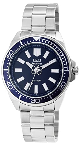 Image of Q&Q Superior Analog Watch for Men - Blue Dial, Stainless Steel Strap, 10 BAR Water Resistant - S374J212Y