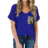 Damen-T-Shirts KurzäRmliger V-Ausschnitt, Lockere, LäSsige Sommeroberteile Einfarbiges Basic-Tunika-T-Shirt Mit Tasche (S,Blau 2)