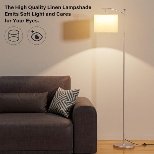 Image of Ambimall 60 inch Floor Lamp for Living Room with 3 Color Temperatures, Adjustable Beige Shade with Light Gold Pole, Tall Lamp for Bedroom Office Classroom Dorm Room, 9W Bulb Included