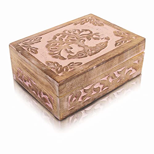 Great Birthday Gift Handmade Decorative Wooden Jewelry Box Tree Of Life Carving Jewelry Organizer Keepsake Box Treasure Chest Trinket Holder Watch Box Storage Lock Box Housewarming Gift (Pink) #TOP6
