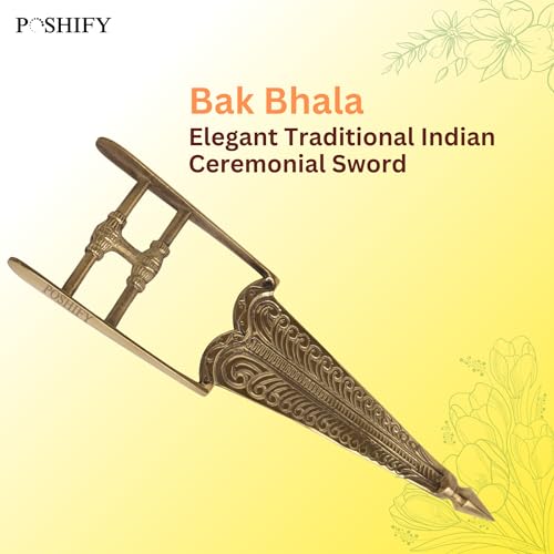 Image of Premium Brass Finish Decorative Bhala | Antique Style Spearhead Replica for Home Decor, Puja & Gifting | Intricate Engraved Design (28x8 cm)