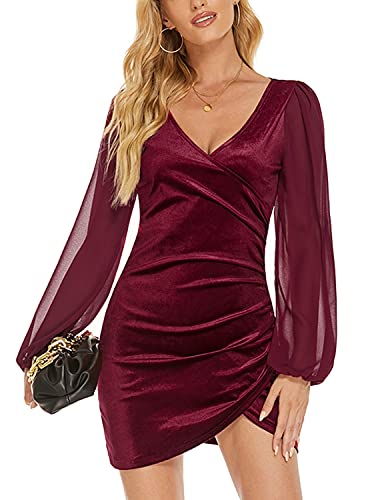 IQREENY Womens V Neck Long Sleeve Dress Velvet Bodycon Ruched Side Asymmetrical Cocktail Party Dresses Wine red L