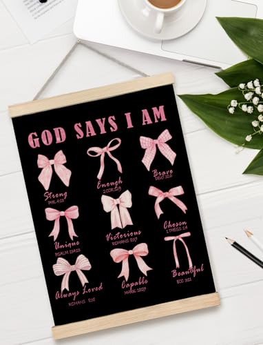 XUNLURY Coquette Pink Bow Christian Poster Hanger Frame, God Says I am Canvas Wall Art, Inspirational Bible Verses Religious Wall Decor for Girls Bedroom Church Prayer Room, 12x16 Inch — view 3
