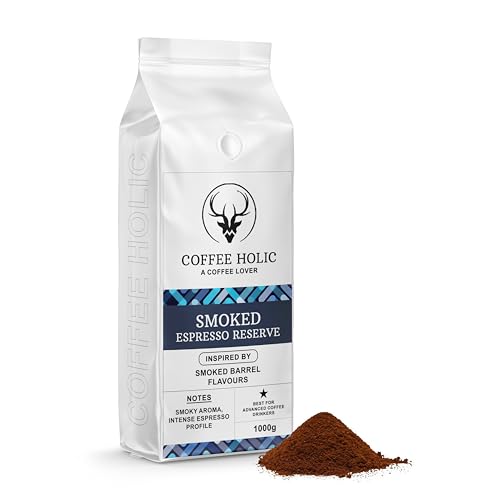 Coffeeholic Espresso Smoked Barrel Reserve Ground Coffee 1kg | Intense Dark Roast | Ground Coffee for Espresso Machines, Cafetiere & Moka Pot | Bold Smoky Aroma for Advanced Coffee Drinkers