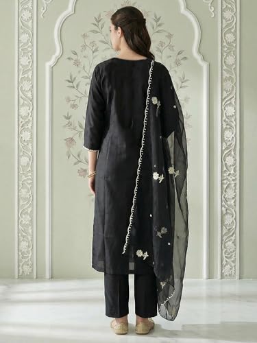 Image of INDO ERA Women's Cotton Blend Solid Straight Kurta with Pant & Dupatta Set
